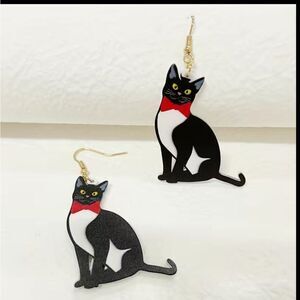 🖤Acrylic Black And White Tuxedo Cat Hook  Drop Earrings